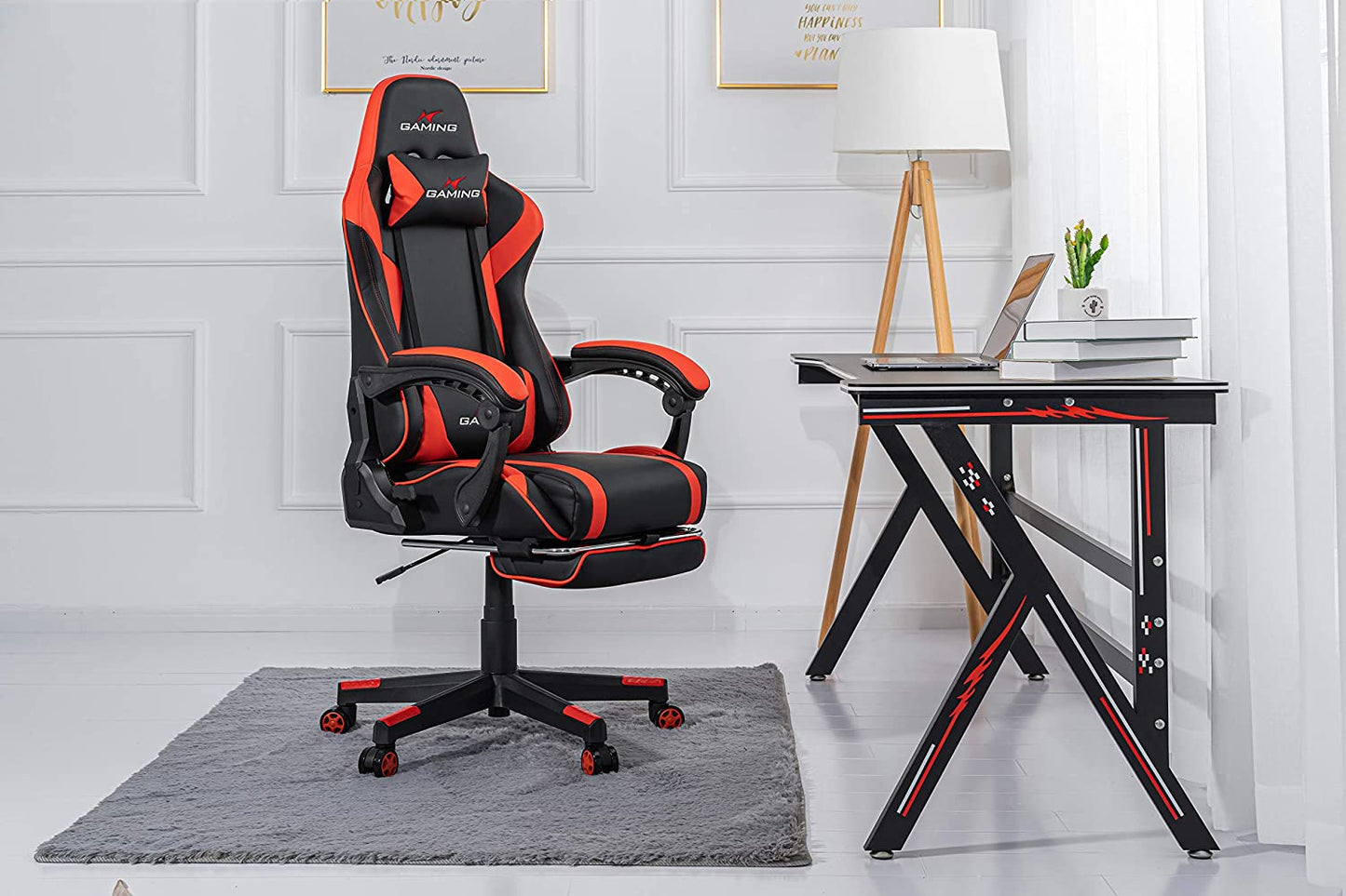 Swivel Gaming Chair Ergonomic High-Back Racing Style PU Leather Office Chair with Headrest and Lumbar Support and Adjustable Armrest and Retractable Footrest (Commodore - Black/Red)