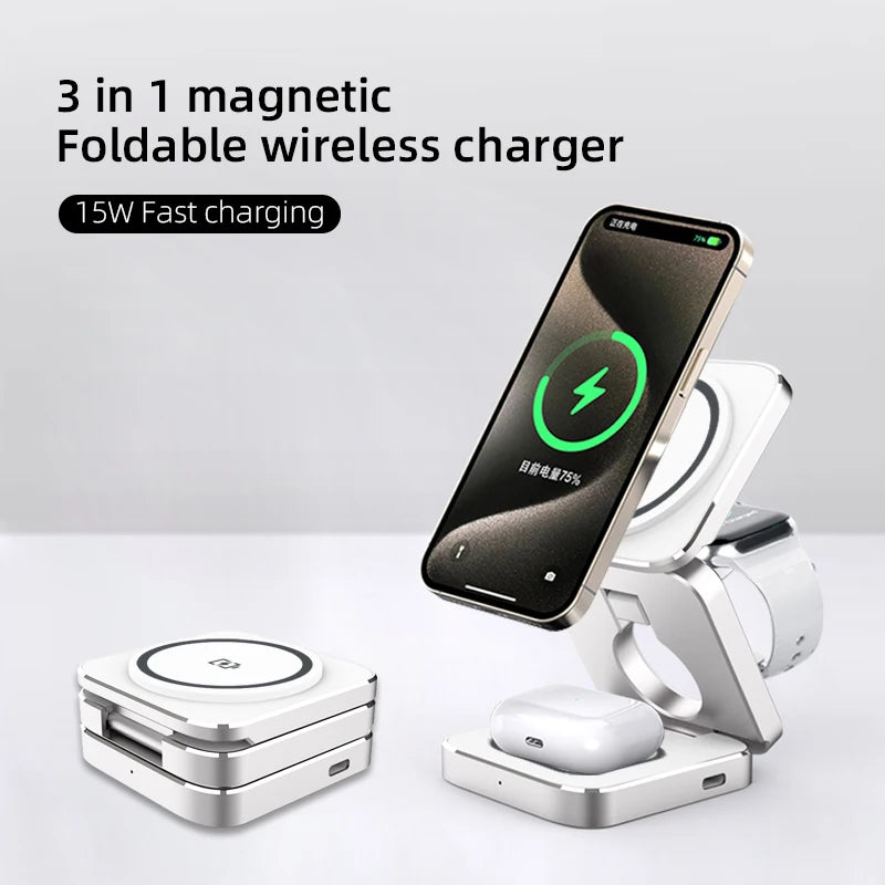 3 in 1 Aluminum Alloy Wireless Charger for Magsafe Foldable Charger Holder for Iphone 15/14/13 Pro Max plus Airpods 3/2 Iwatch